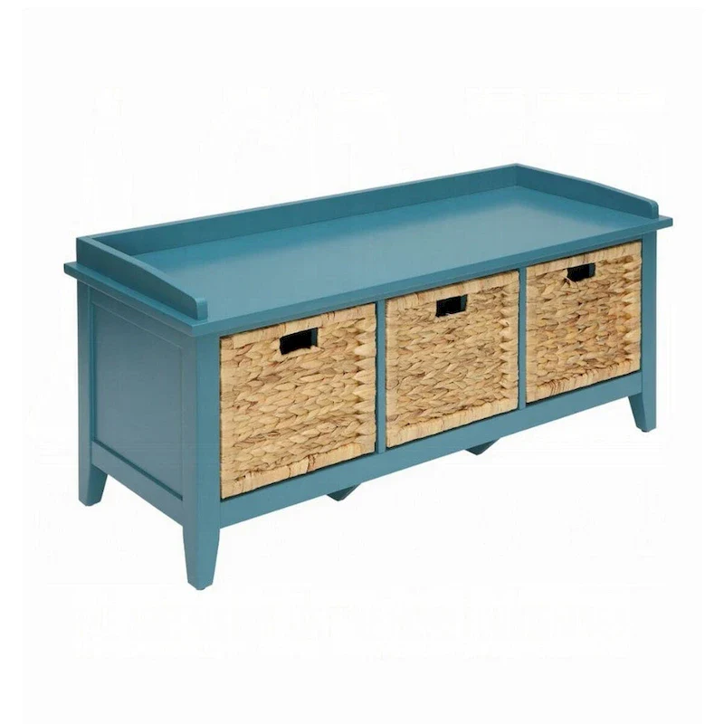 Blue Wood Storage Bench with 3 Rattan Baskets, 1-Seat