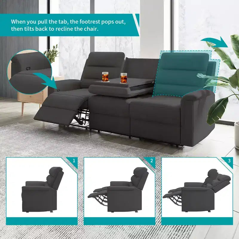 Mjkone 3-Seater Recliner Sofa,Adjustable Living Room Sofa with Flip Middle Backrest, Home Theater Seating Couch