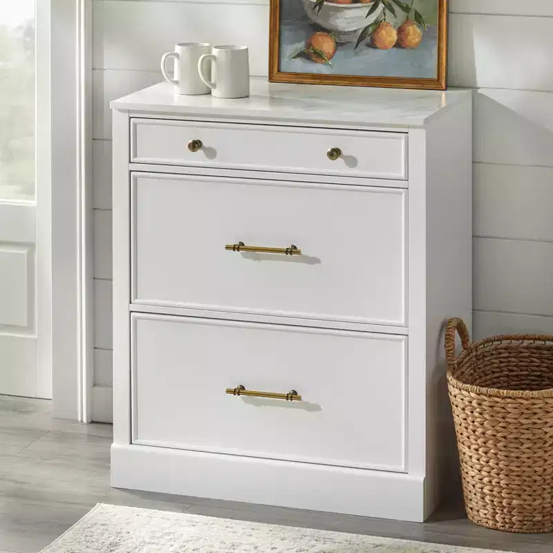 Monza Modular Cabinet with Faux Marble Top 3 Drawers White: Farmhouse Style Sideboard, Faux Marble Top, MDF Frame