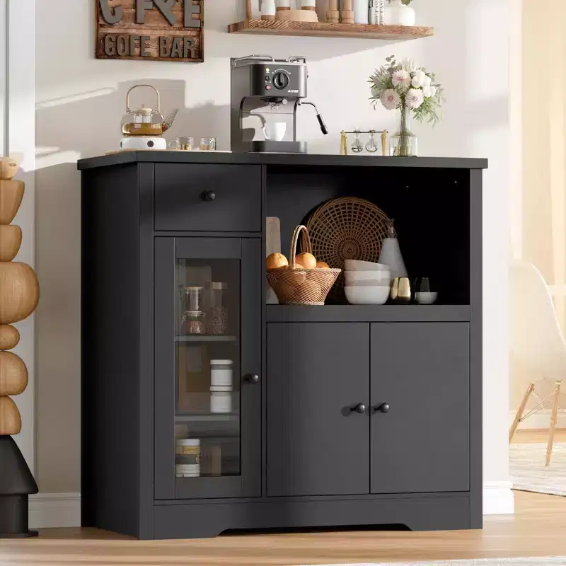 Kitchen Microwave Cabinets with Storage, Buffet Cabinet Sideboard with 3 Doors,1 Drawer and Adjustable Shelves, Pantry Storage Cabinet for Kitchen