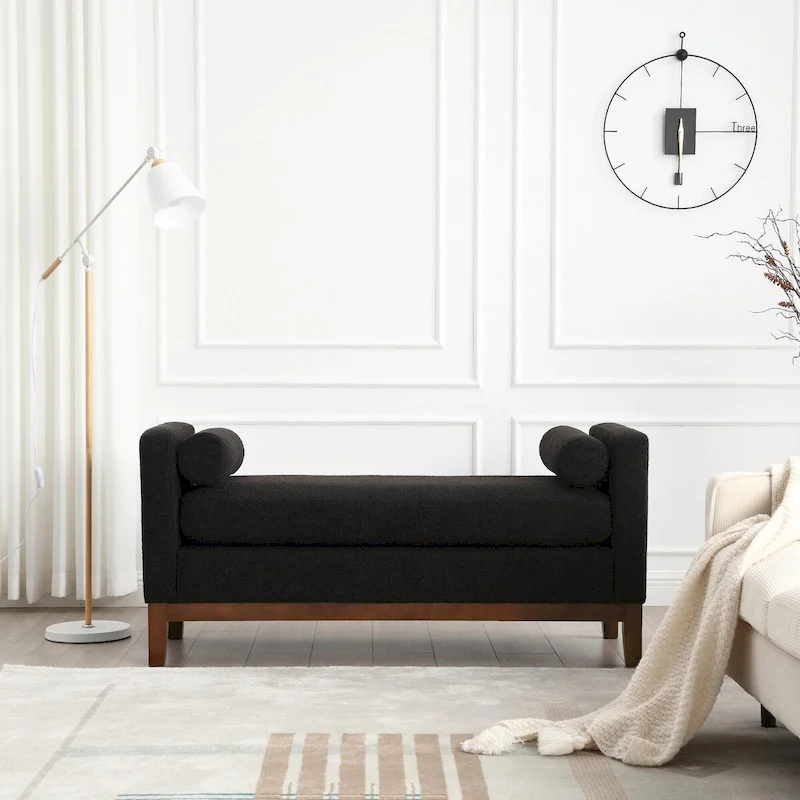 Elegant 53.5 Upholstered Ottoman Bench with Wood Legs & Bolster Pillows