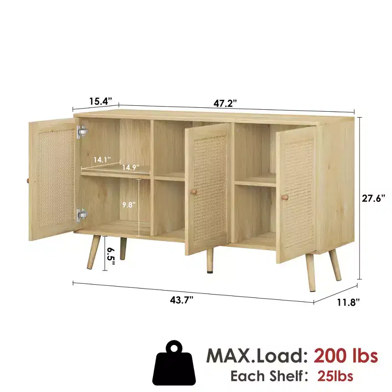 Rattan Sideboard Buffet Cabinet, Storage Cabinet with Adjustable Shelves, Credenza, Coffee Car for Living Room, Entryway, Kitchen, Dining Room