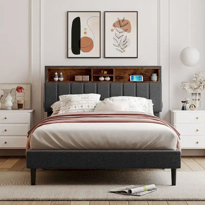 Full size Upholstered Platform Bed with Storage Headboard and USB Port