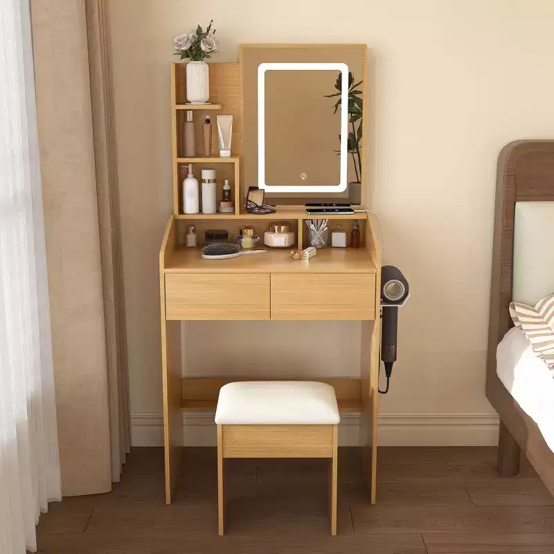 Makeup Vanity Desk with Power Outlet, Hairdryer Holder & Stool, 2 Drawers & 5 Shelves