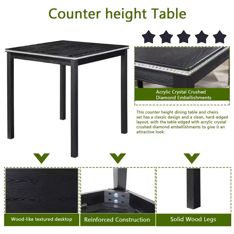 5-Piece Counter Height Dining Set: Square Wood Table, 4 Upholstered Chairs with Crystal Decor, Ideal for Kitchen