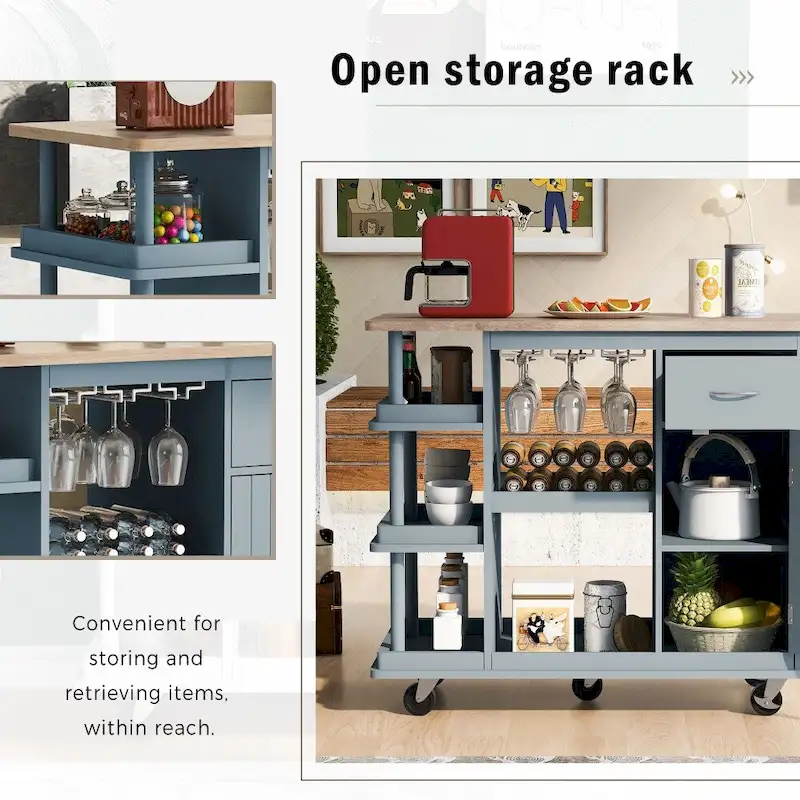 Rubber Wood Kitchen Cart with Adjustable Shelves and Wine Rack
