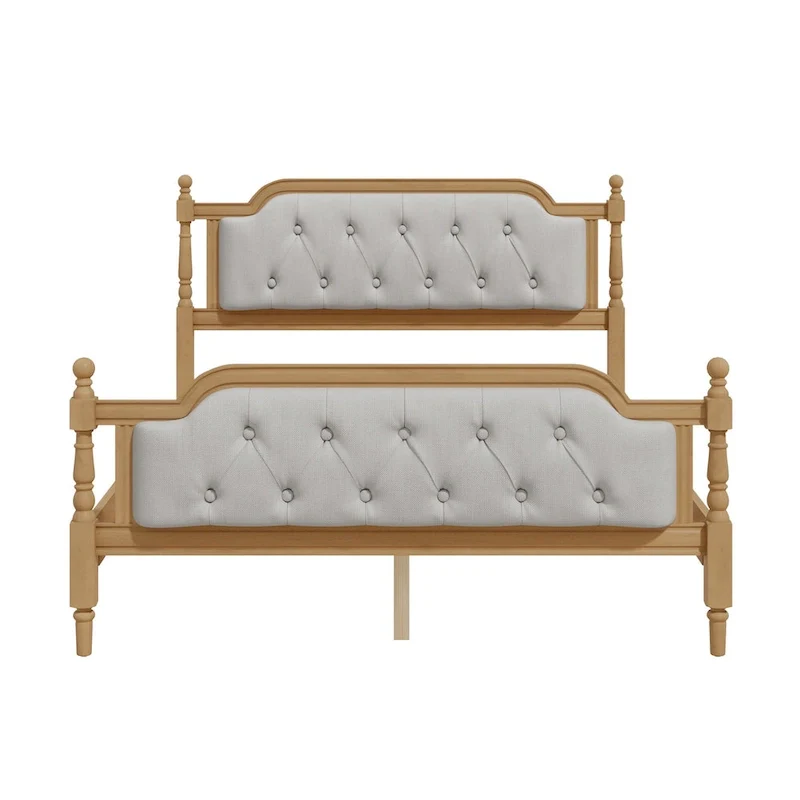Solid Wood Bed Frame with Upholstered Tufted Headboard – No Box Spring Needed