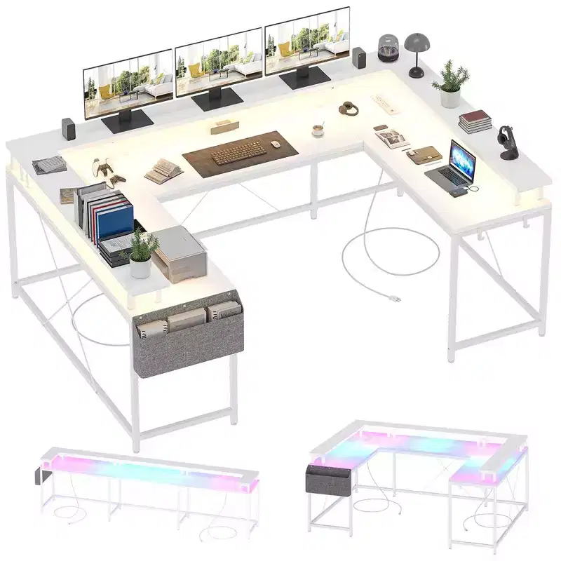 U Shaped Computer Gaming Desk, Reversible L Shaped Desk with Power Outlets