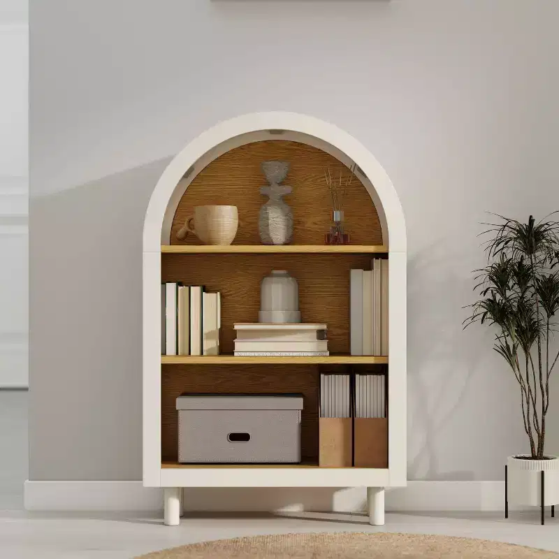 MAYEERTY Arched Storage Cabinet Wooden Bookshelf with 3 Shelves Woodgrain Shelves for Living Room Bedroom White
