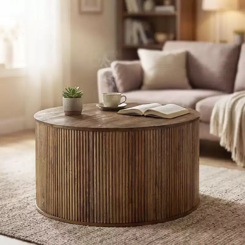 31.5 Round Coffee Table, Fluted Drum Base with Wooden Grain Veneer Top, Modern Center Table for Living Room, Office, Small Space