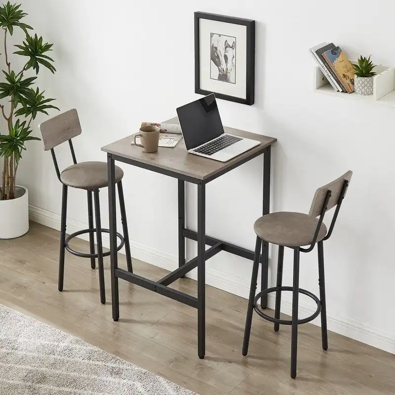 Eureka Industrial Bar Table Set, 3-Piece Dining Table and PU Upholstered Stools Set, Small Counter Height Pub Bistro Table Set