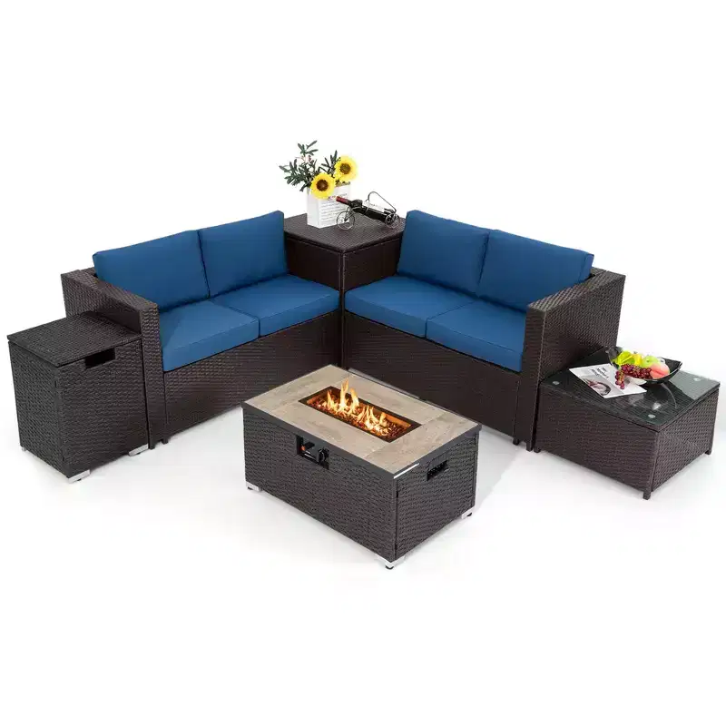 Costway 6PCS Patio Rattan Furniture Set 32'' Fire Pit Table Tank Holder with Cover Beige/Navy/Red/Turquoise