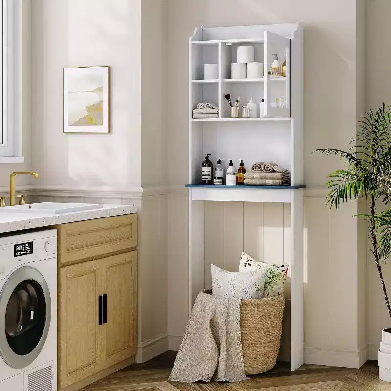 Over the Toilet Storage Cabinet with Adjustable Shelves and Glass Door, Space-Saving over-Toilet Design, Sturdy Waterproof White Finish Glass Doors