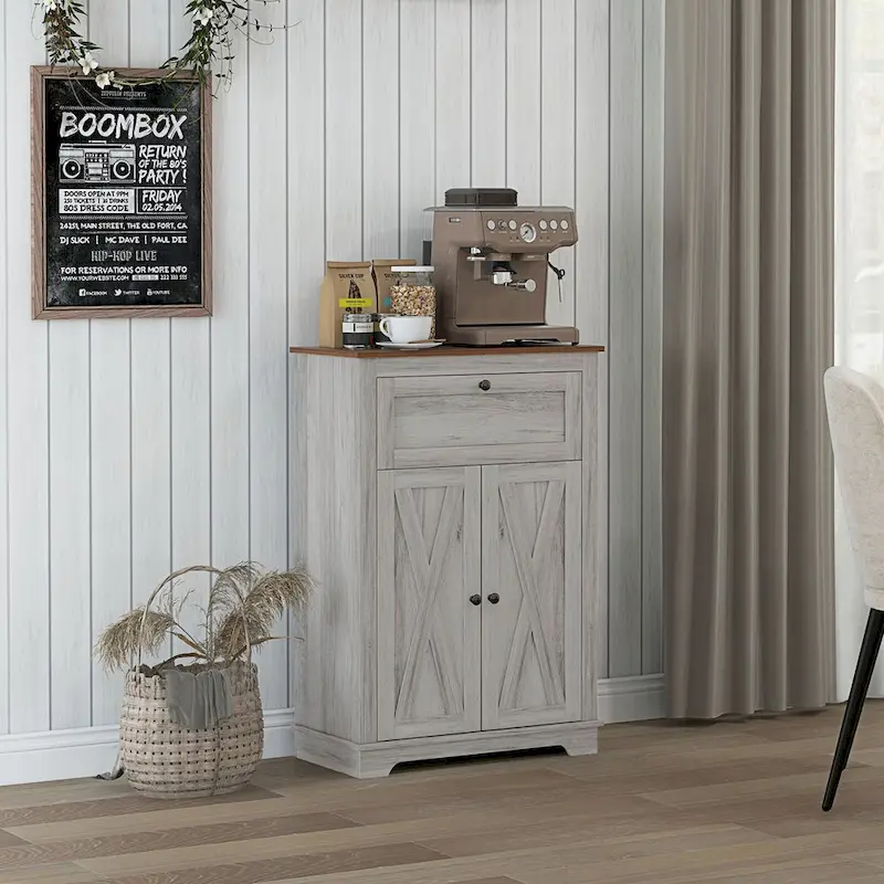 Farmhouse Barn Door Accent Cabinet with Drawer & Adjustable Shelf