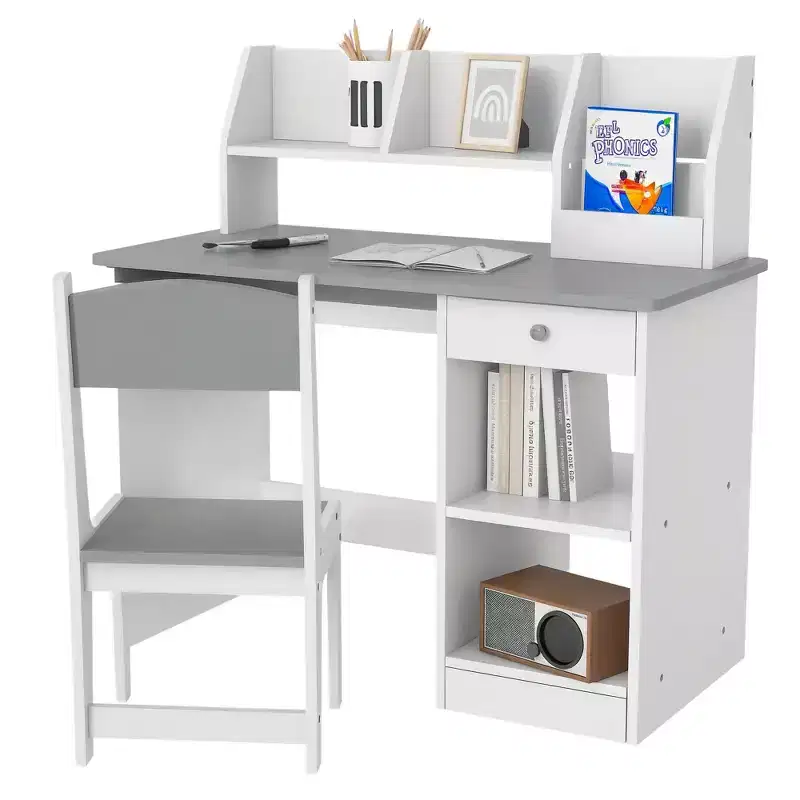 Qaba Kids Desk and Chair Set with Storage, Study Desk with Chair for Children 5-8 Years Old