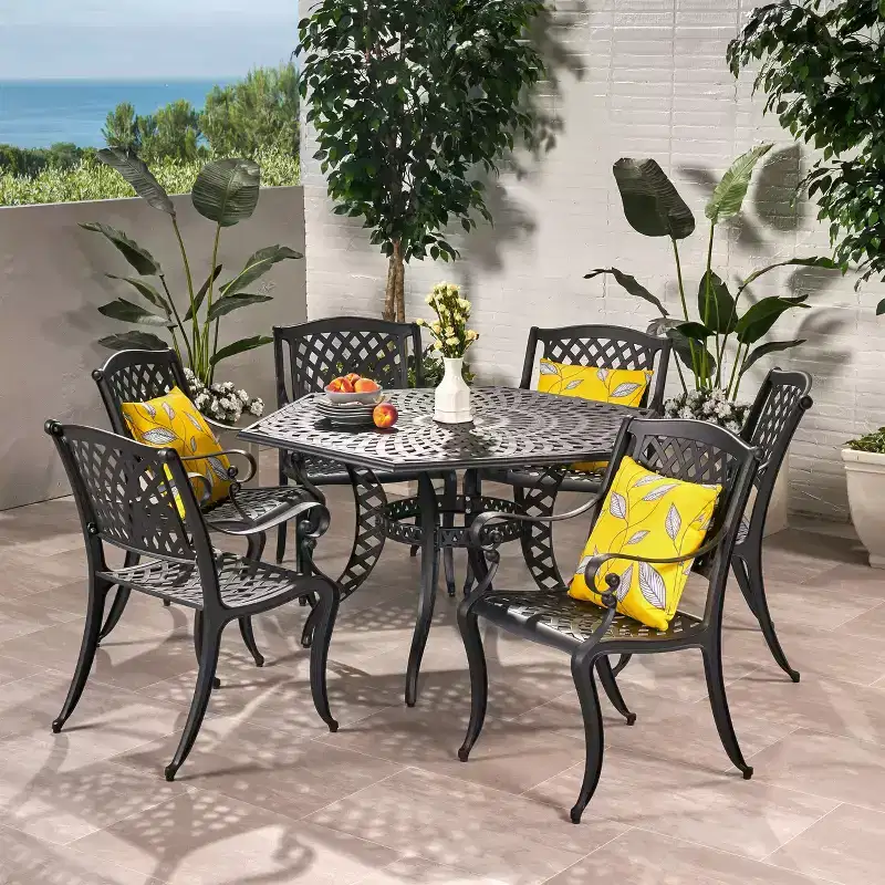 Christopher Knight Home Engelhardt Outdoor Cast Aluminum Hexagonal 7 Piece Dining Set, Antique Matte Black
