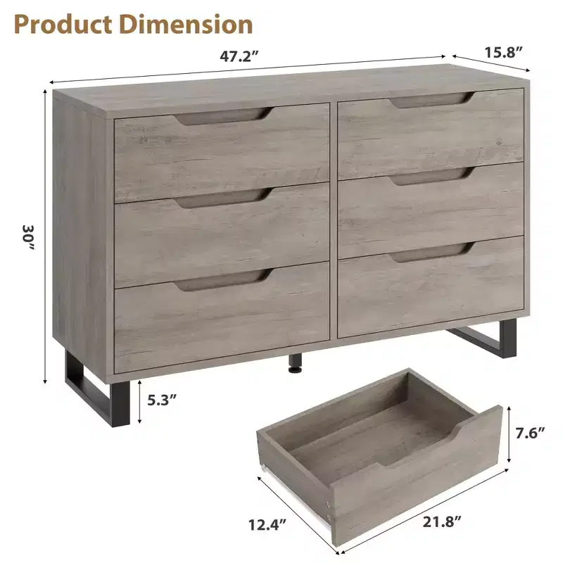 6 Dresser for Bedroom, 47.2 Wide Dresser, Freestanding Vertical Drawer Cabinet with Storage, Wooden Closet Storage Chest
