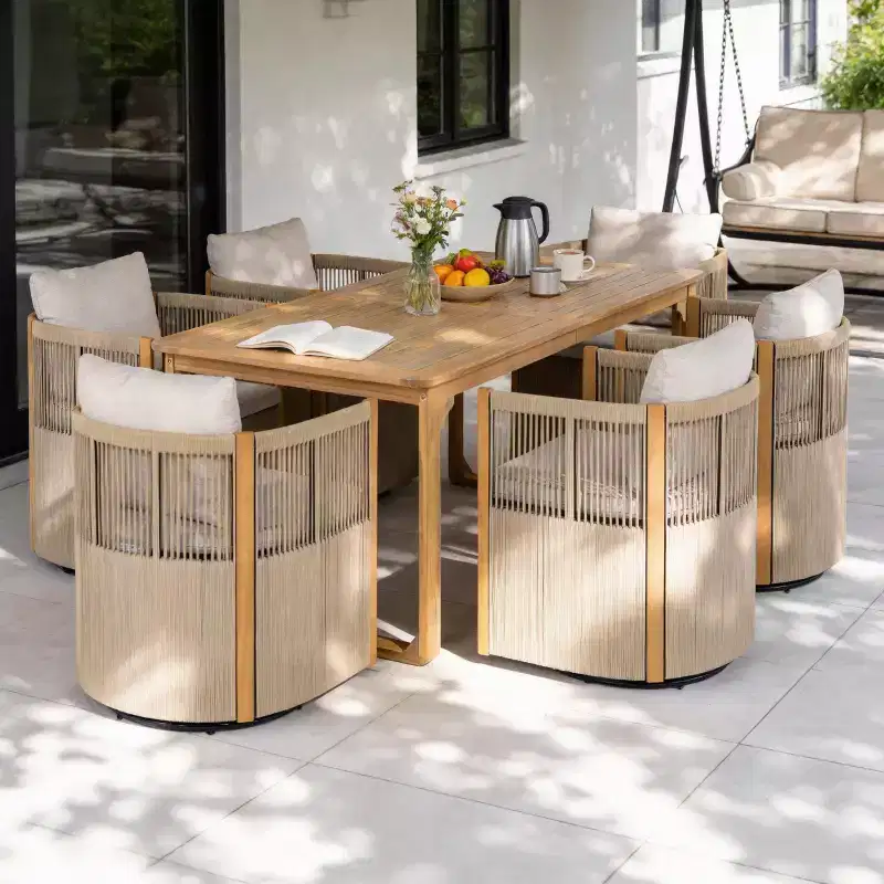 Christopher Knight Home Harrison Patio Modern Acacia Wood 7-Piece Dining Set 6 Swivel Rope Chairs