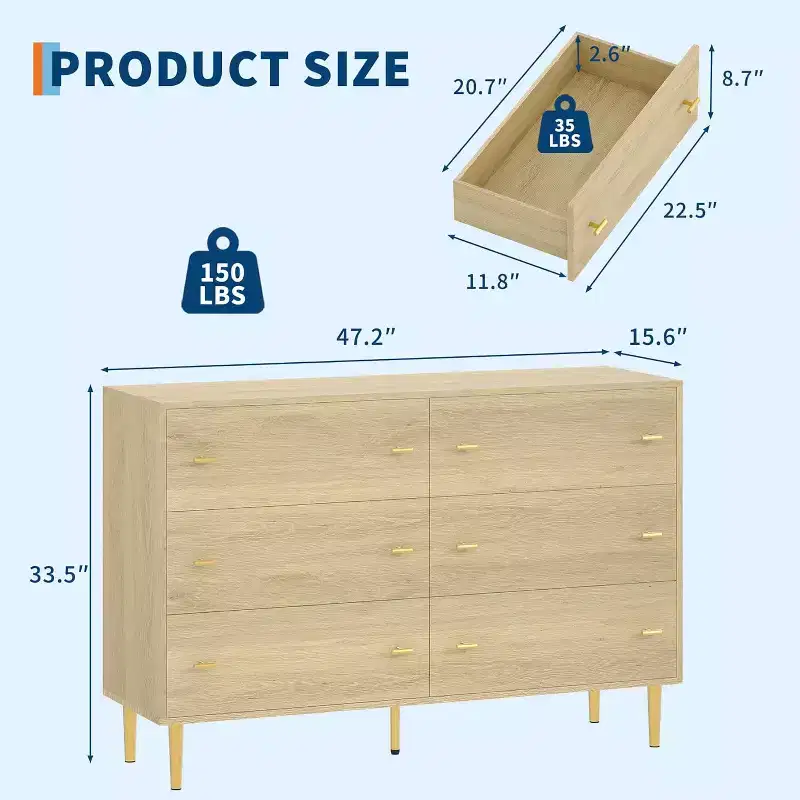 6 Drawers Dresser for Bedroom, 47.2 Wide Wood Rustic Chest of Drawers with Bar Handles, Storage Dressers Organizer for Bedroom, Living Room, Hallway