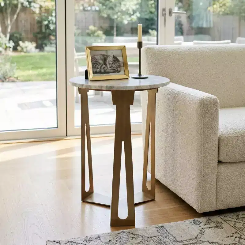 Round End Table with Marble Top and Metal Base for Living Room or Bedroom Decor - Small Side Table for Small Room Spaces - 22, Ivory & Gray