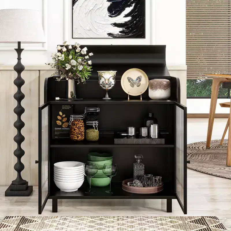 Modern Black Sideboard Buffet,Flip-Top Cabinet with Steel Frame & Tempered Glass Doors, Antique-Style Buffet for Kitchen or Dining Room