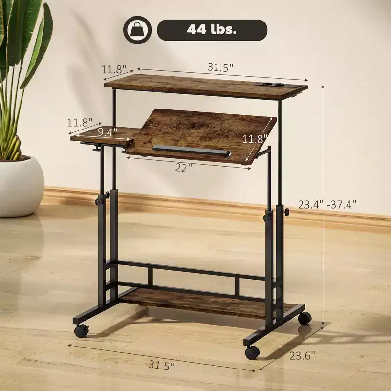 Adjustable Standing Desk with Power Outlets, Tiltable Tabletop, Wheels & Shelf