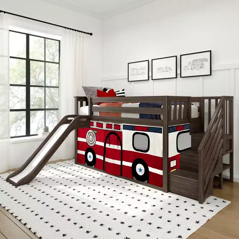 Low Twin over Twin Bunk Bed with Stairs, Easy Slide & Firetruck Curtain, Solid Wood, White