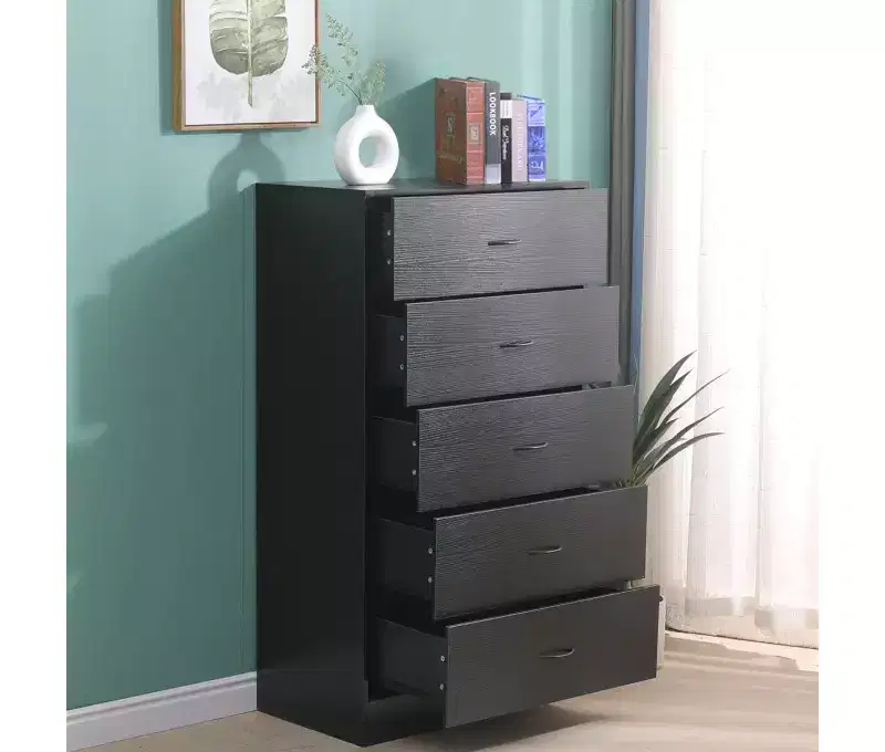 Tall 5 Drawer Dresser for Bedroom 49.4 Inch Chest of Drawers MDF Wood Black Finish