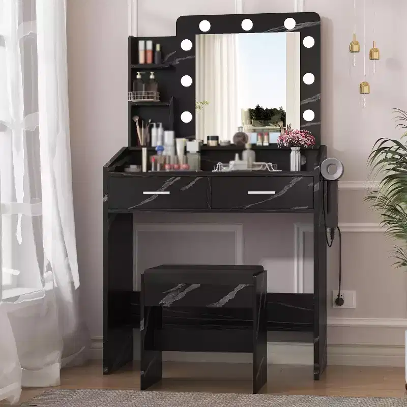 Vanity Desk with Mirror, Stool and Lights 3 Colors, Makeup Table with Power Outlet, Dressing Table with Hairdryer Holder for Bedroom