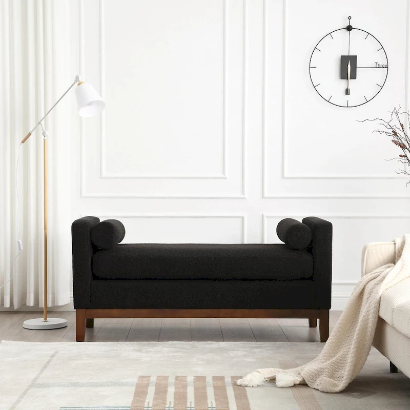 Elegant 53.5 Upholstered Ottoman Bench with Wood Legs & Bolster Pillows