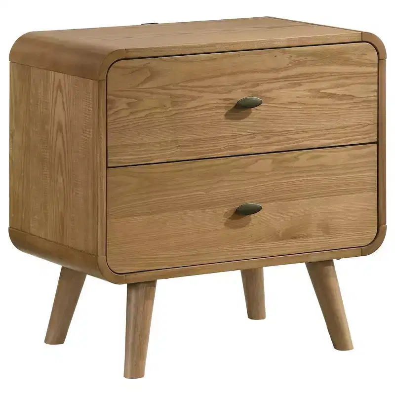 Mid-Century Modern 2-Drawer Nightstand – Pine & Walnut Veneer, USB Ports, Light Ash