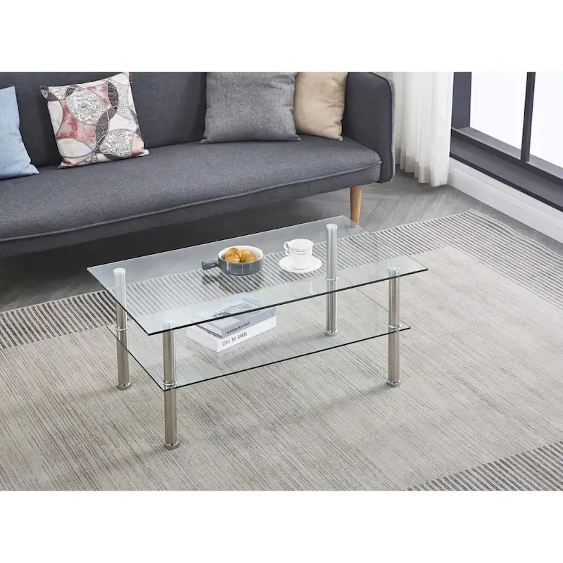 2-Tier Round Tempered Glass Coffee Table – Transparent, Iron Frame, Modern Style, Single