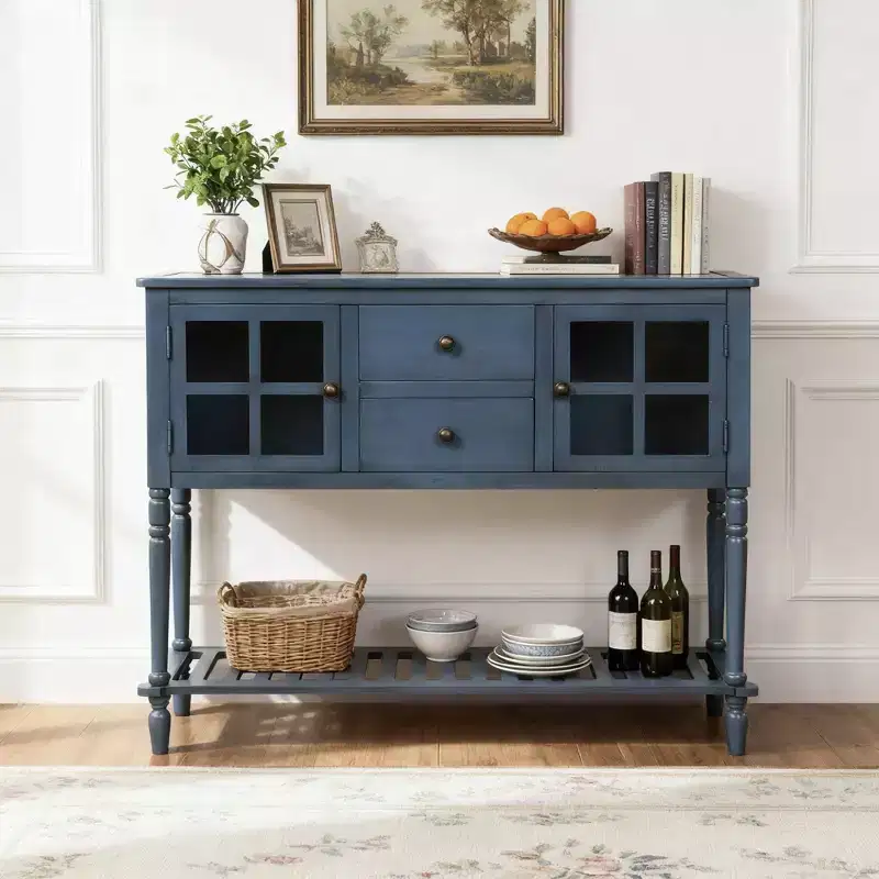 Hostack Farmhouse Console Table with Bottom Shelf and Storage Cabinet for Living Room, Antique Navy