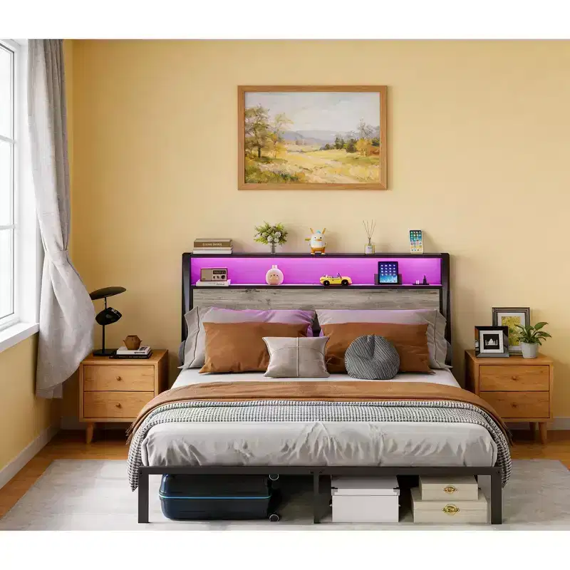 Bellemave Platform Bed Frame with LED Light, USB Charging Station & Headboard, Grey.