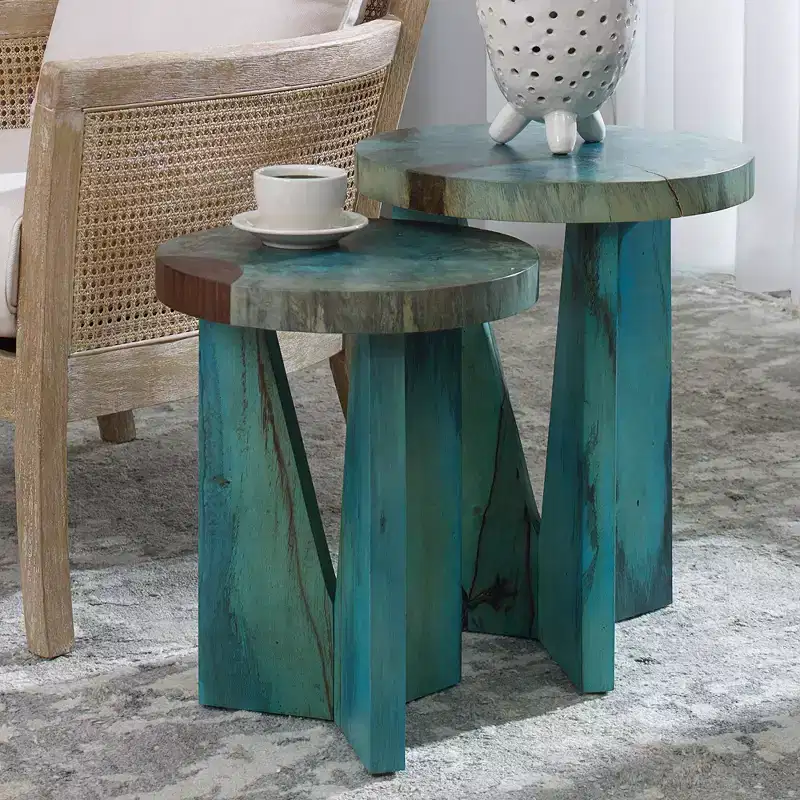 Uttermost Modern Rich Blue Green Stain Wood Round Nesting Tables Set of 2 Triangular Legs for Living Room Bedroom Bedside Entryway