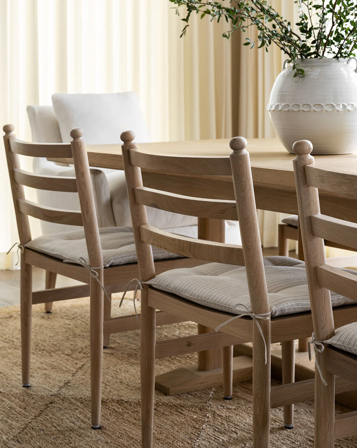 Minimalist White Oak Dining Chair with Linen Tie-On Cushion for Dining Room