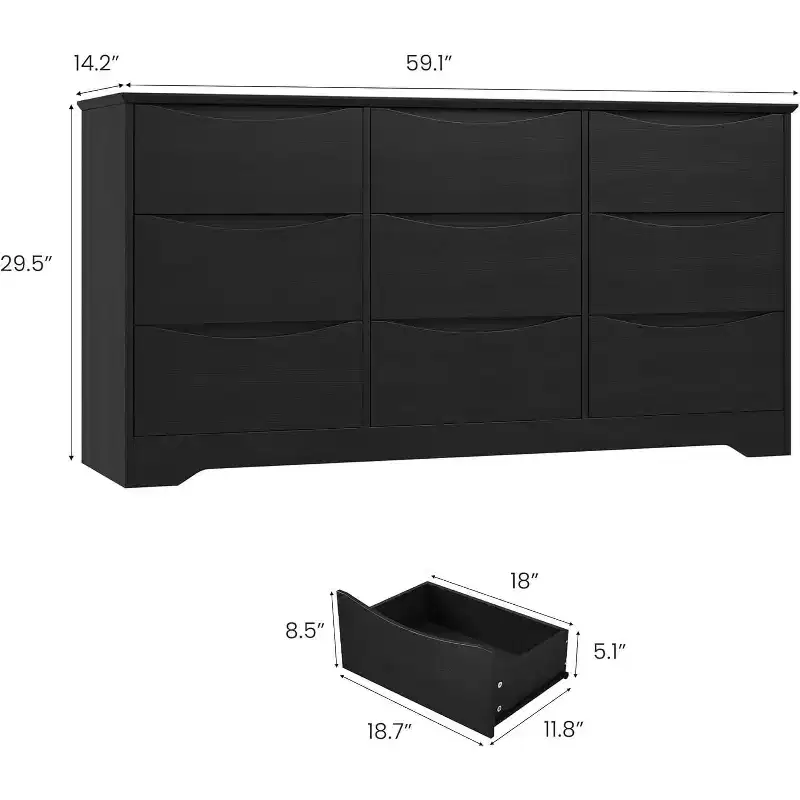 9 Drawer Dresser for Bedroom, 59W Wooden Chest of Drawers with Wide Top, Large Dresser TV Stand, Clothes Storage Organizer for Living Room