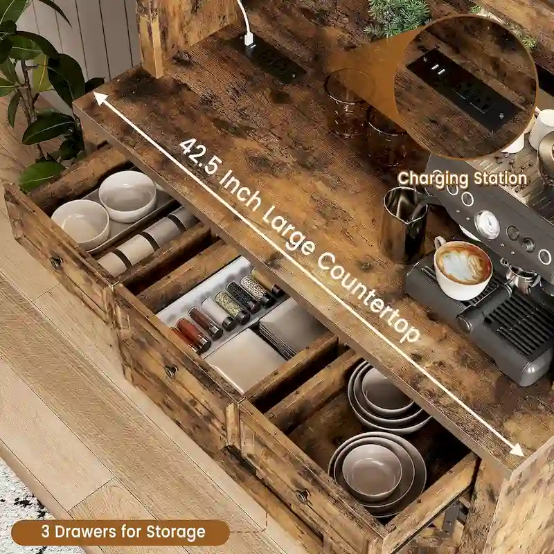 Modern Farmhouse Coffee Bar Cabinet with LED Lights & Power Outlets, Kitchen Cabinet
