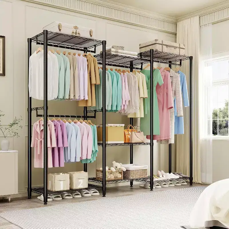 Heavy Duty Freestanding Garment Rack,3-Tier Portable Closet Organizer,Adjustable Shelves & Hanging Rods,Large Capacity Metal Clothing Storage