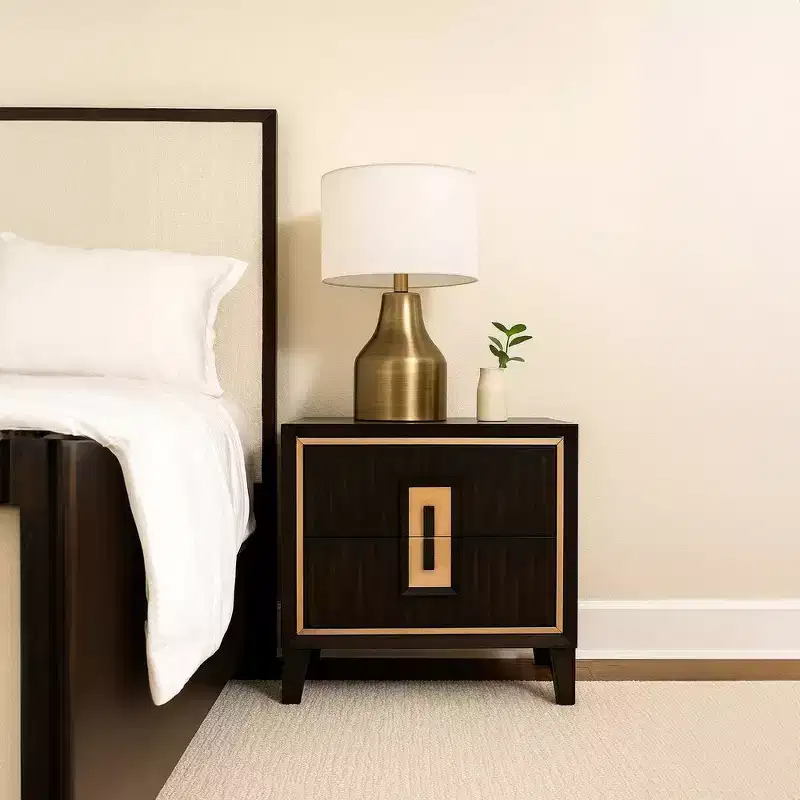 2-Drawer Nightstand, 27 Inch, Espresso Brown with Gold Accents, Solid Wood Blend