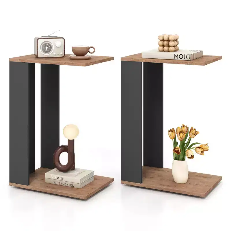 Costway 2PCS 2-Tier C Shaped Side Table w/ Universal Wheels & Shelf for Small Space
