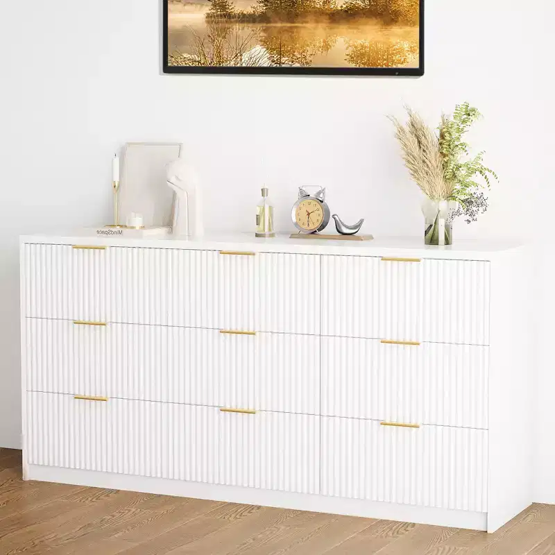 White 9 Drawer Dresser for Bedroom, 63 Wide Fluted Dresser with Smooth Slides, Modern Chest of Drawers with Golden Handles for Bedroom