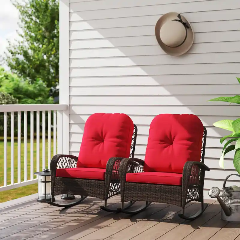 2 Pcs Rattan Rocking Chair With Soft Cushion For Garden