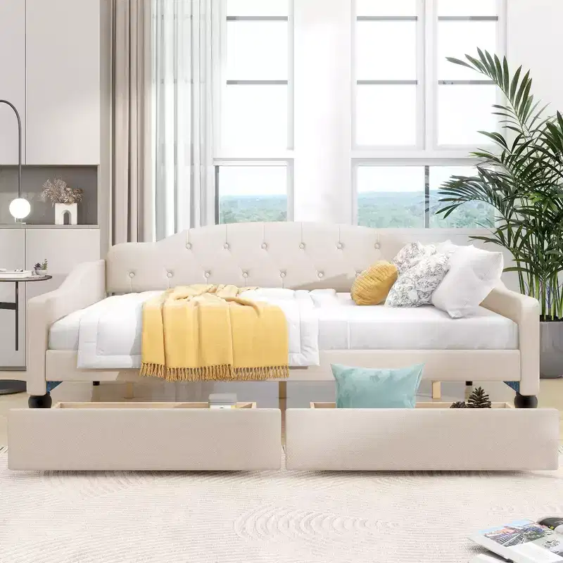 Full Size Upholstered Daybed with 2 Drawers, Linen Sofa Bed with Button Tufted Backrest for Bedroom Living Room Guest Room, Beige