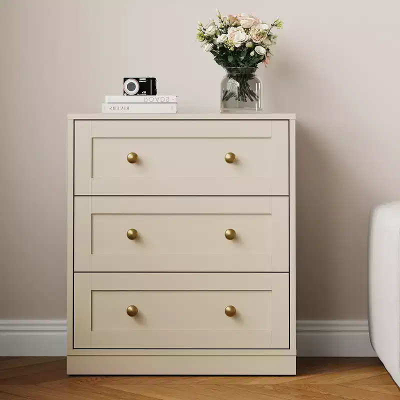 3-Drawer Nightstand, Spacious Bedside Table with Gold Round Knobs, Modern Wooden End Table, Accent Chest of Drawers for Bedroom