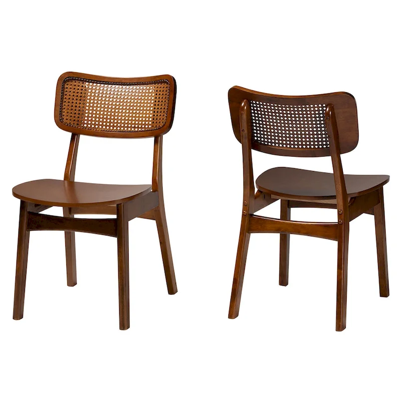 Tafari Mid-Century Modern Wood and Rattan 2-Piece Dining Chair Set