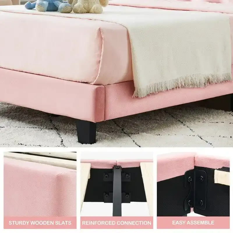 Twin Low Platform Bed with Foam Headboard – Pink / Grey, Velvet, Wood Slats & Metal Frame, Single