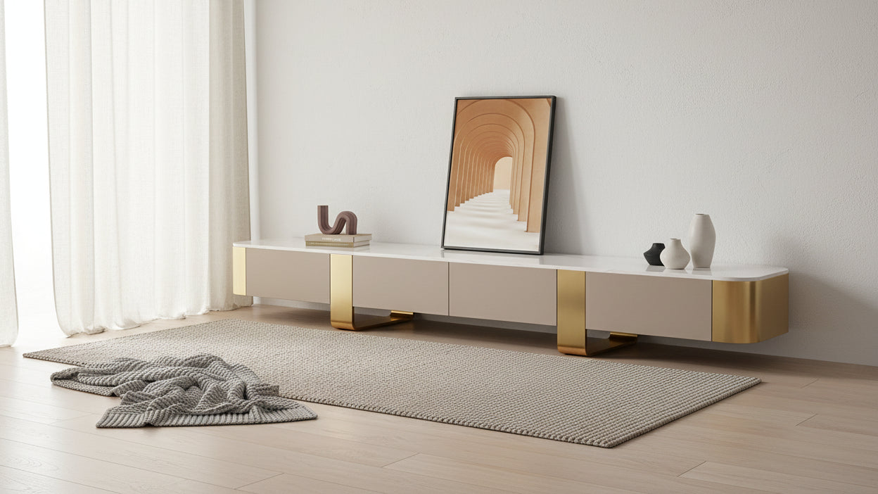 78.7 Modern TV Stands, White Glossy sintered stone top, gold legs, 4 Drawers - 78.74