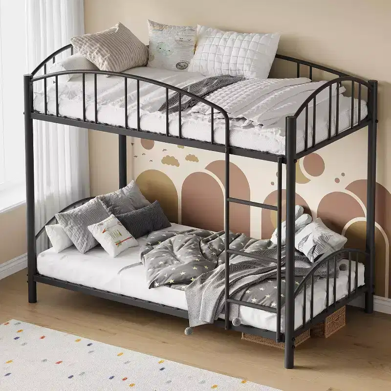 Metal Bunk Bed Twin Over Twin, with Arched Guardrail and Safety Ladder, Safety Ladder, Space-Saving Design, No Box Spring Needed