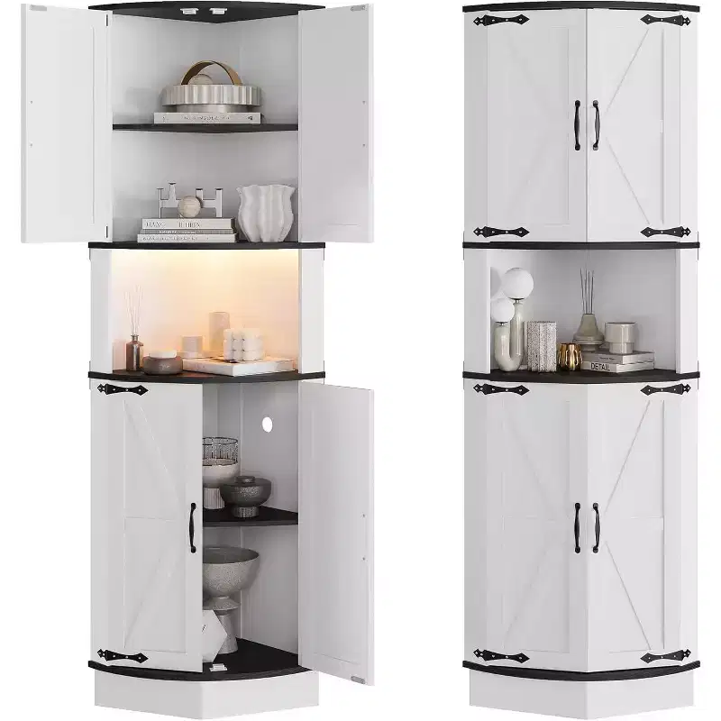 65 Tall Farmhouse Corner Cabinet, Display Storage Cabinet with Barn Door, 5 Tier Shelves, Space Organizer for Living Room, Bar, Kitchen, Bathroom